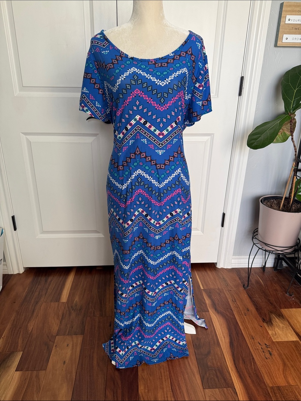 Bobbie Brooks Blue Chevron Short Sleeve Maxi Dress Size 1X